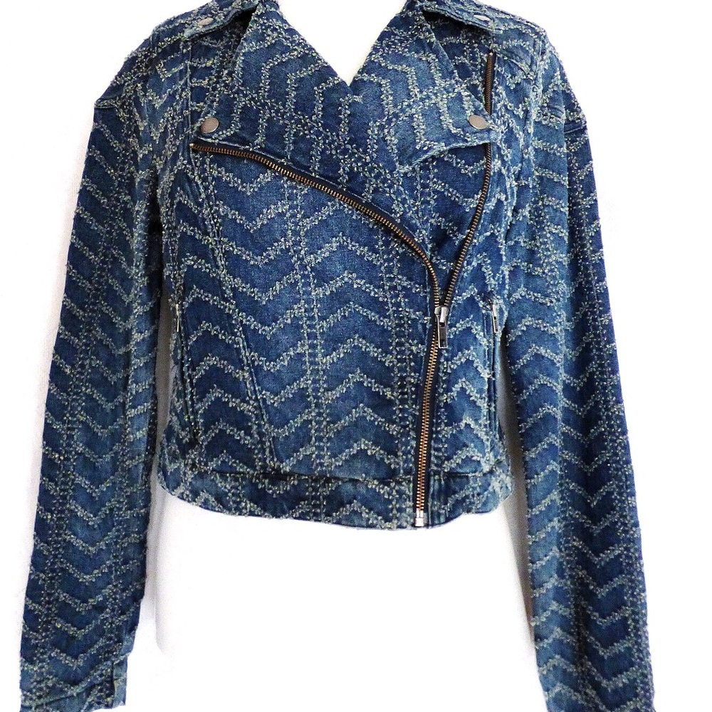 FREE PEOPLE Textured Chevron Blue Denim Moto Jacket